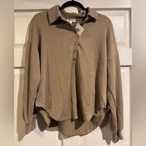 Khaki washed long sleeve ribbed Henley